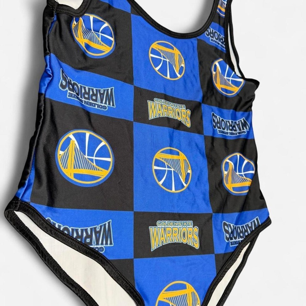 NBA Golden State Warriors Bodysuit Women Large Blue Black Checkered Logo Scoop